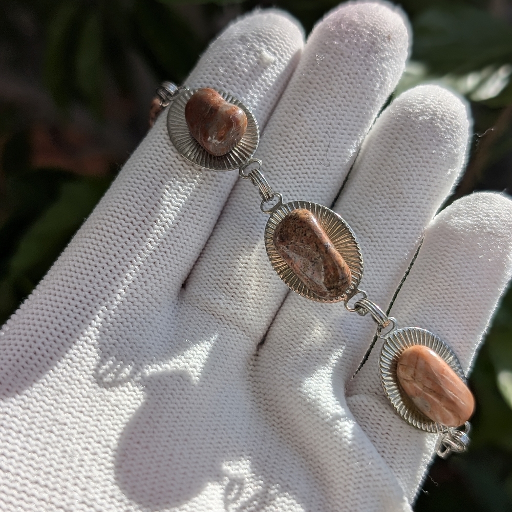 Vintage Silver Tone Stone Link Bracelet | Earthy Jasper Look
